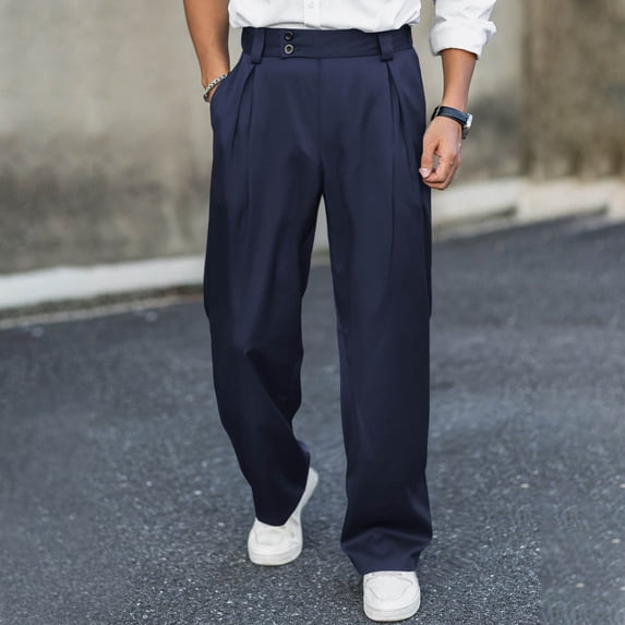 Blmnix Business Casual Pants Men Pants Baggy Dress Pants Chinos Bottoms Straight-Leg Low Rise Long Blue Mens Casual Pants,L