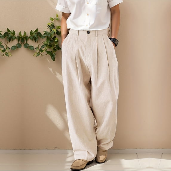 Blmnix Business Casual Pants Men Pants Low Waisted Dress Pants Baggy Chinos Leggings Long Wide-Leg Beige Mens Casual Pants,L