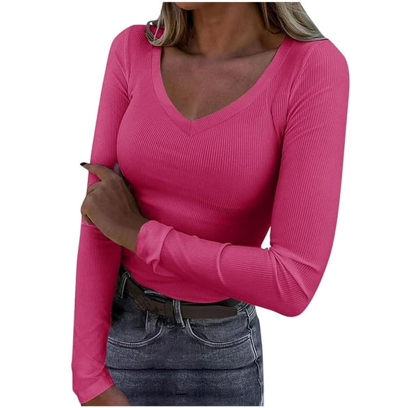 Blmnix Buttery Soft Womens Going Out Tops V-Neck Hot Pink T Shirts for Women Long Sleeve Stretch Tops