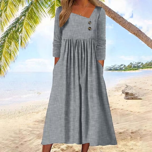 Blmnix Button Down Dresses for Women Fit & Flare Casual Dresses Dresses 3/4 Sleeve Gray Boat Neck Womens Dress,L