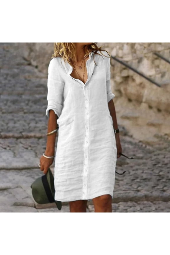 Button Down Ladies Dresses Linen Dress Popover Dresses Henley Mid-Length Elbow-Length Summer Dresses,XL