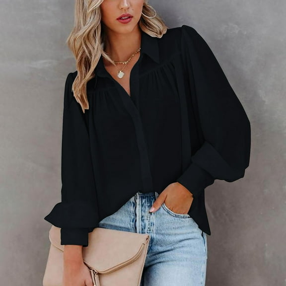 Blmnix Button Down Shirt Fluid Twill Puff Sleeve Black T-Shirts Long Sleeve V-Neck Tops