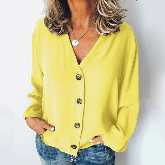 Blmnix Button Down Shirts for Women Baggy Yellow Solid Color Ladies Summer Tops V-Neck Long Sleeve Tees