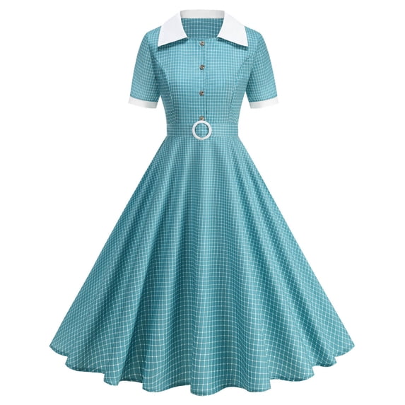 Blmnix Button Down Women Dresses Tent Gingham Dress Under Dresses Blue Short Sleeve Cocktail-Length Collared Belted Summer Dress,S