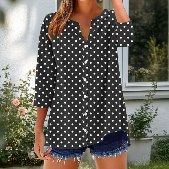 Blmnix Button Down Women's Tops, Tees & Blouses Dark Gray Polka Dot Outfits 2025 Work Tops 3/4 Sleeve V-Neck Blouses