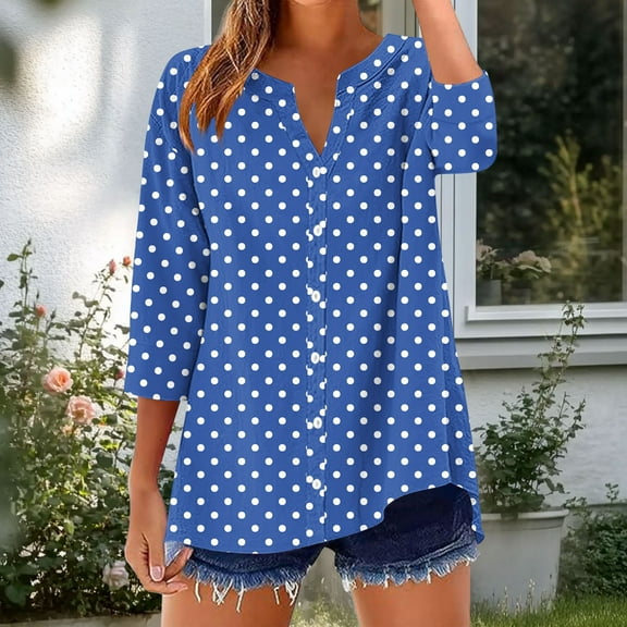 Blmnix Button Down Womens Athletic Tops Blue Beach Polka Dot Work Out Tops 3/4 Sleeve V-Neck Blouses