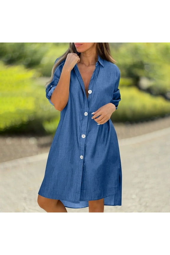 Button Down Womens Dresses Mid-Length Plus Size Polo Skirts Blue Collared Long Sleeve Party Dress,XXXXXL