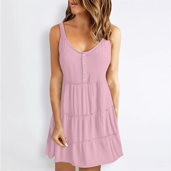 Blmnix Button Summer Dresses for Women Sexy Slip Dress Mini Skirts Sleeveless Pink Crew Neck Skirt for Women,L