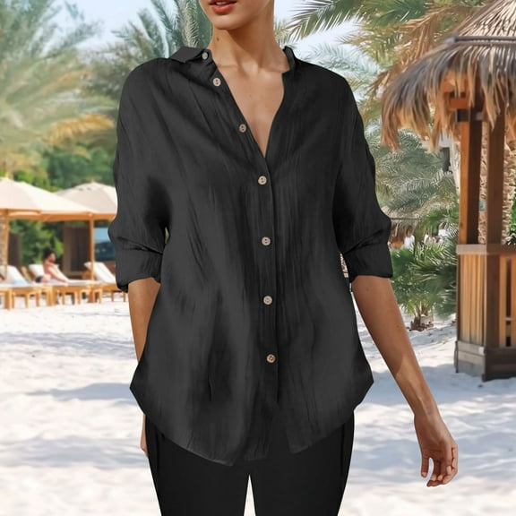 Blmnix Button Up Shirt Black Solid Color Tunic Women’s Workout Tops V-Neck Long Sleeve Shirts