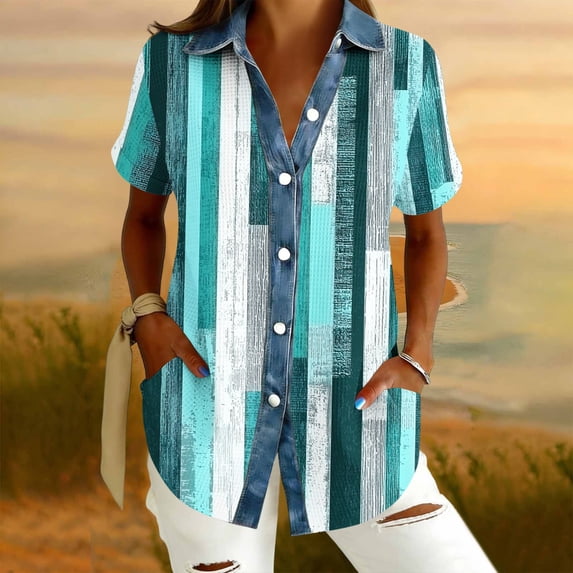Blmnix Button Up Womens Blouses Blouses Striped Shirt T Shirt Collared Green Short Sleeve Shirts for Women Trendy,XL
