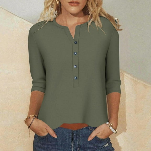 Blmnix Button Up Womens Tees Green Travel Womens Blouses Dressy V-Neck 3/4 Sleeve Blouses