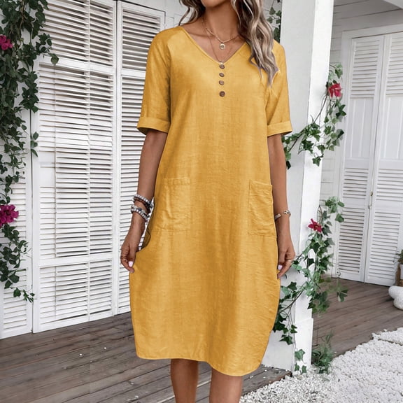 Blmnix Button Valentine Dresses for Women Casual Shift Nightgown Short Sleeve Yellow Cocktail-Length V-Neck Womens Dress,L