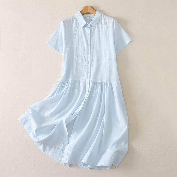 Blmnix Button Down Women's Dresses Polo A Line Dresses Petite Summer Dresses Dress Blue Collared Short Sleeve Mid-Length Adaptable Dresses for Women Casual XL