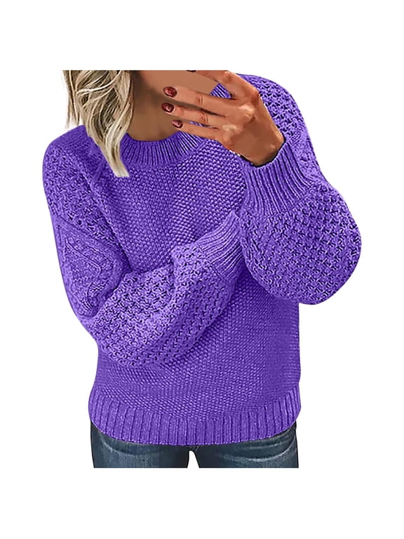 Cable Knit Sweaters for Women Trendy Pullover Purple Crew Neck Clothes Women’S Blouses Long Sleeve Warm Tops
