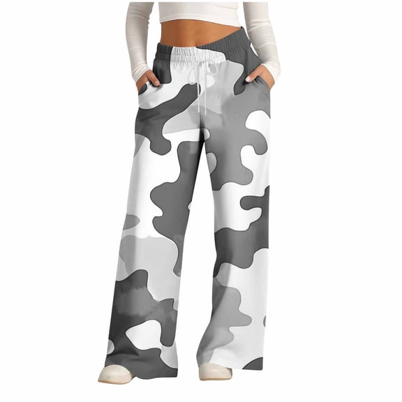 Blmnix Camo Plus Size Pants Oversized Cargo Pants Women Palazzo High Waist Wide-Leg Long Length Trousers