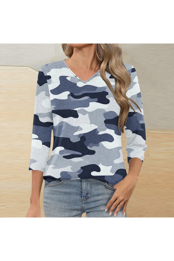 Camouflage Cute Graphic Tees for Women V-Neck Pullover Funny Graphic Tees for Women 3/4 Sleeve Relaxed Blouses