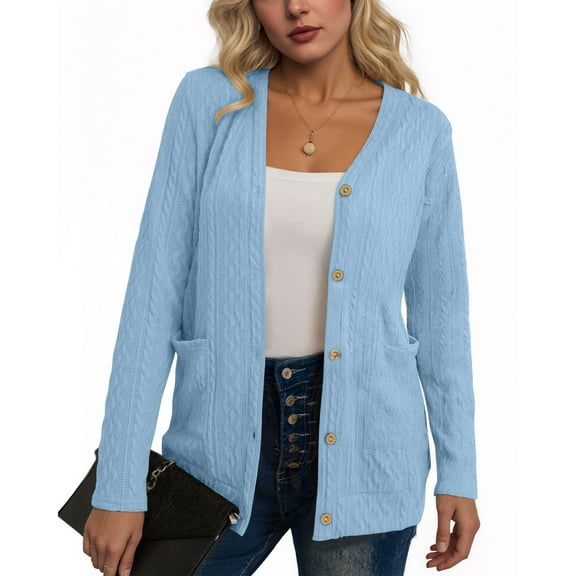 Blmnix Cardigan Ladies Sweaters Cable Knit Trendy Light Blue Boat Neck Boho Blouses for Women Plain Long Sleeve Tops