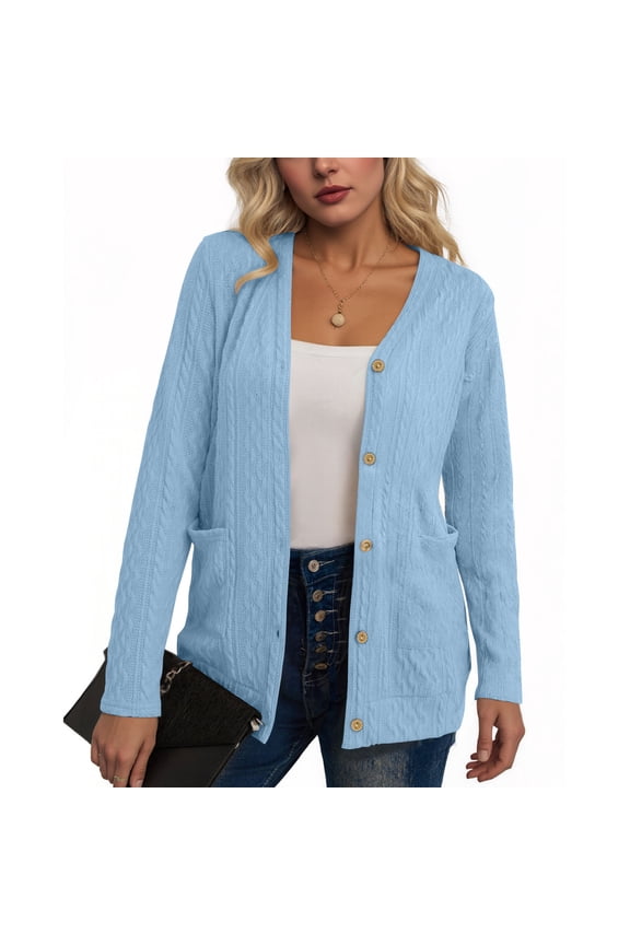 Cardigan Ladies Sweaters Cable Knit Trendy Light Blue Boat Neck Boho Blouses for Women Plain Long Sleeve Tops