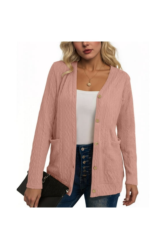 Cardigan Womens Sweaters Pink Boat Neck Cable Knit Going Out Womens Clothes Long Sleeve Plain Tops