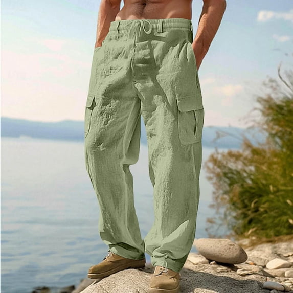 Blmnix Cargo Pants for Men Baggy Linen Pants Beach Pants Pant Low Waisted Straight-Leg Green Long Casual Pants for Men,XL