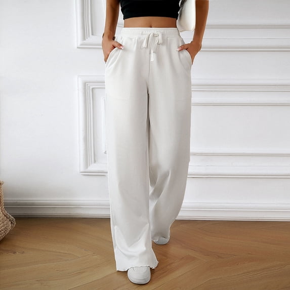 Blmnix Casual Pants Winter Pants for Women Cotton Pants Palazzo Pants High Long White Wide-Leg Relaxed Fit Elastic Waist Pants for Women,M
