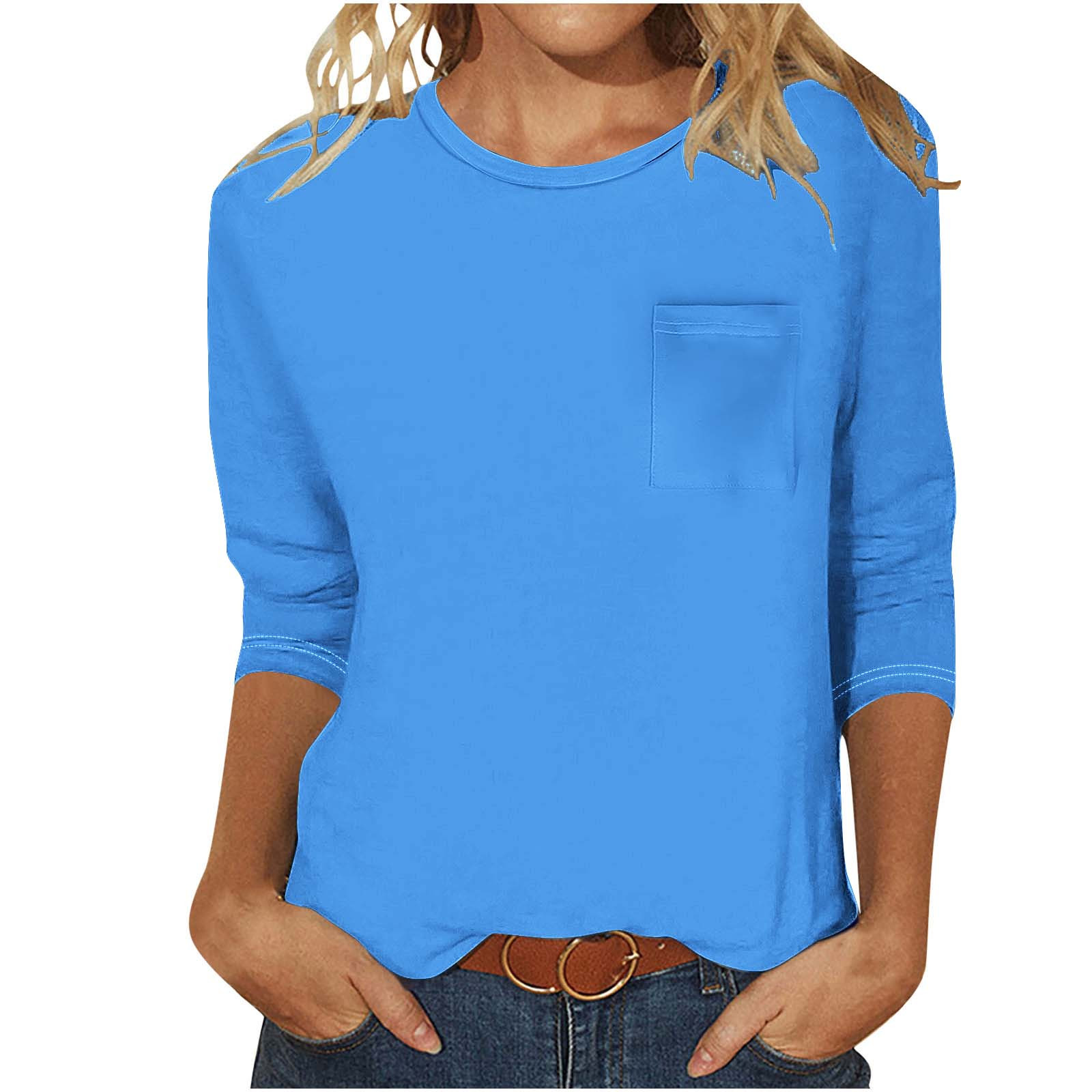 Blmnix Casual Tops For Women Blue Solid Elbow Length Crew Neck Pocket 