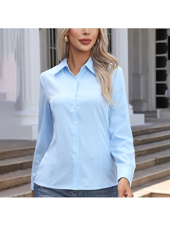 Blmnix Casual Tops for Women Blue Work Long Sleeve Solid Button Down V-Neck Blouse Juniors Blouses Trendy