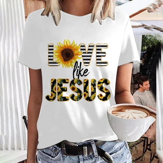 Blmnix Casual Womens Tops Short Sleeve Jesus Graphic Loose Crew Neck T-Shirts Fashion Blouses