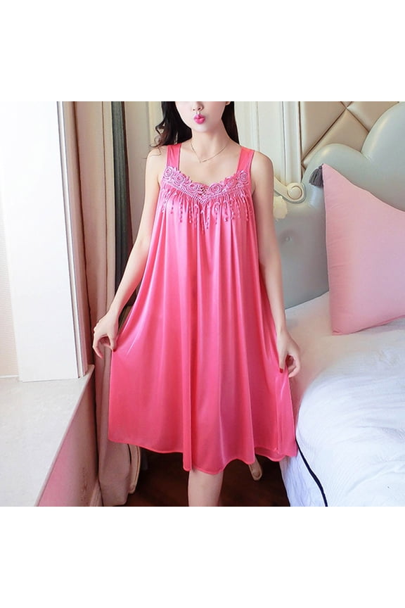 Chemises Nightgowns for Women Sexy Nightgown Satin Nightgown Sleep Shirt Sleeveless Knee Length Red Lace Neckline Womens Nightgowns Sexy,Free Size