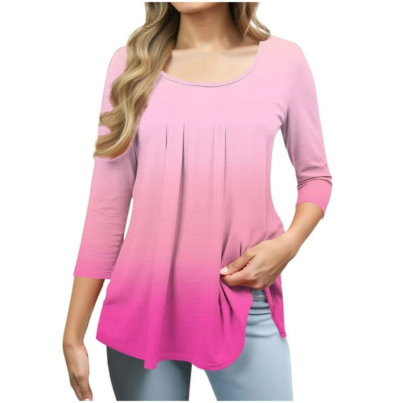 Blmnix Clothing Basic Tees for Women Hot Pink Gradient Beach Long Sleeve Y2K Shirts Scoop Neck Blouse