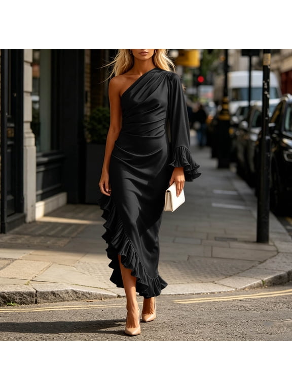 Cocktail Dresses Dress Women Satin Dress Peplum One Shoulder Under Dresses Black Sleeveless Maxi Boat Neck Womens Summer Dress L