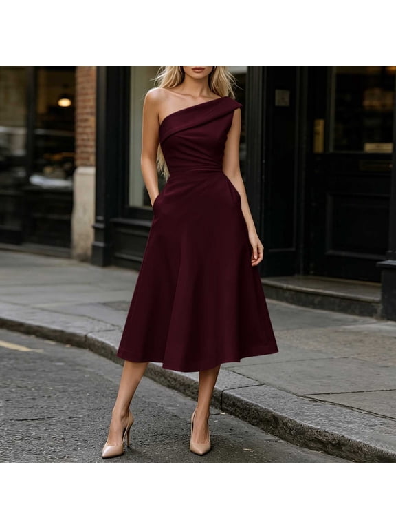 Cocktail Dresses Women Dress with Pockets One Shoulder Tent Dresses Cocktail-Length Boat Neck Sleeveless Red Adjustable Waist Women Dresses Summer M