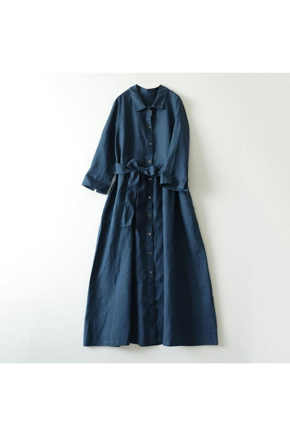 Cocktail Dresses for Women Button Down Polo Cotton Linen Dresses Collared Elbow-Length Blue Birthday Dress,M
