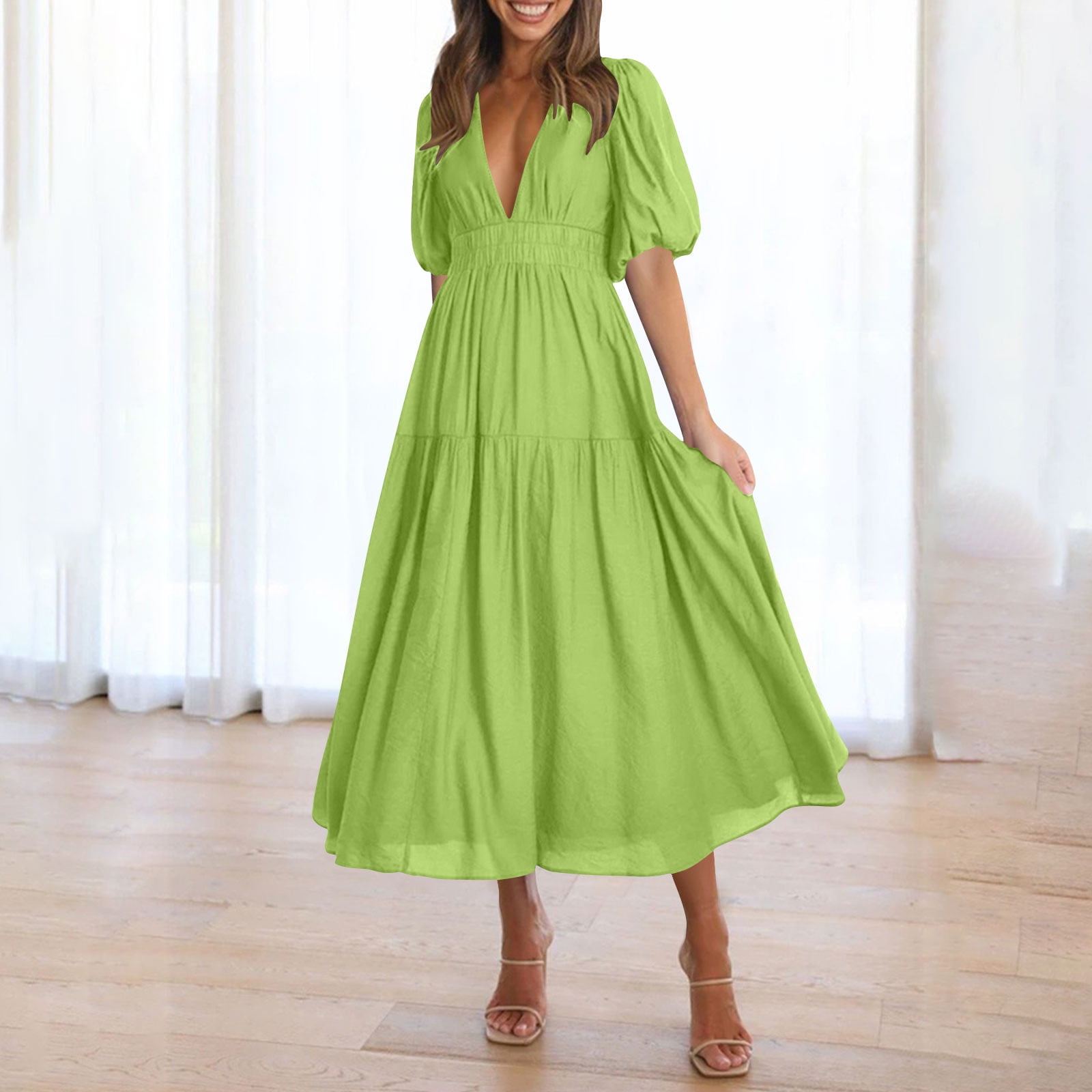Blmnix Cocktail-Length Holiday Dresses for Women Fit & Flare Flowy Dresses  Casual Petticoat Elbow-Length Green V-Neck Birthday Dress,XL - Walmart.com