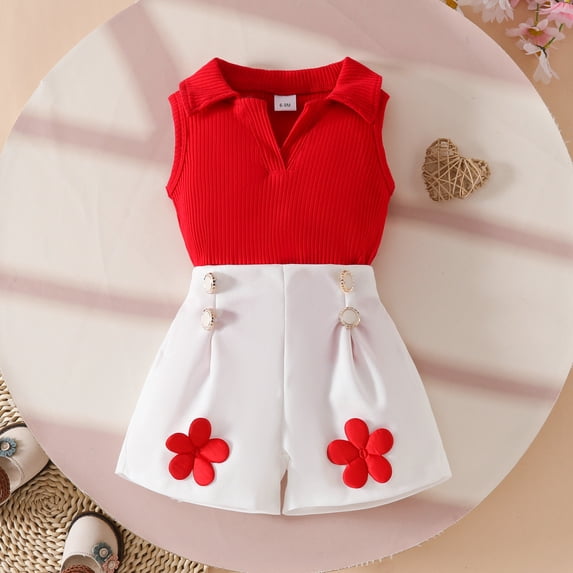 Blmnix Cocoon Clothing Sets Birthday Outfits Sweater Cute Outfits Set Collared Sleeveless Pleated Red 3t Summer Outfits,3-4Years