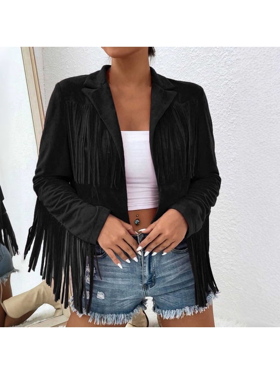Cocoon Jacket Women Fringe Jacket Trucker Fleece Jacket Women Adaptable Coat Mid-Length Black Long Sleeve Womens Jackets Casual