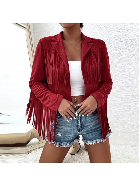 Cocoon Jackets for Women Fringe Jacket Adaptable Trucker Fleece Jacket Women Jacket Red Mid-Length Long Sleeve Jackets for Women Casual