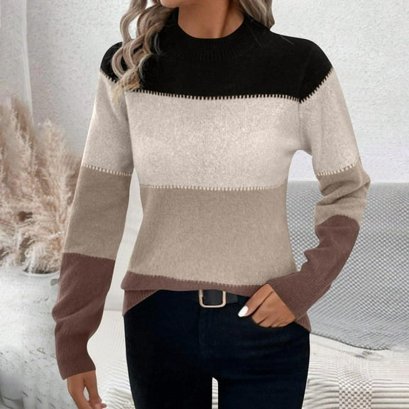 Blmnix Color Block Plus Size Sweaters for Women Khaki Pullover High Neck Chunky Fall Tops for Women Trendy Long Sleeve Work Tops