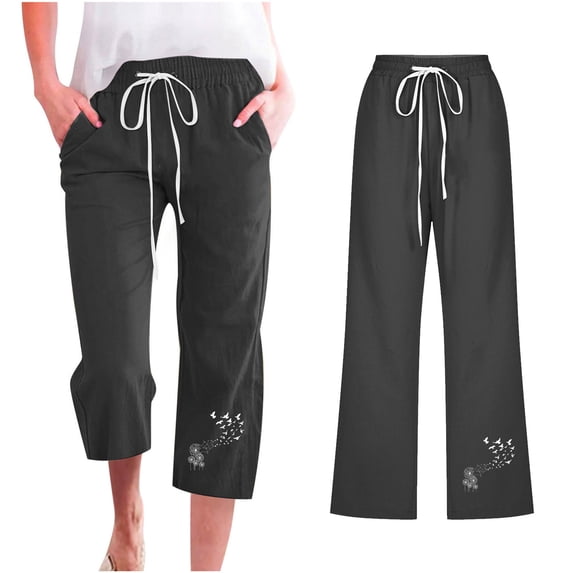 Blmnix Comfy Pants Women Beach Pants Cotton Linen Pleated Bottoms Black Straight-Leg Relaxed Fit High Waisted 7/8th Summer Pants for Women,XXL