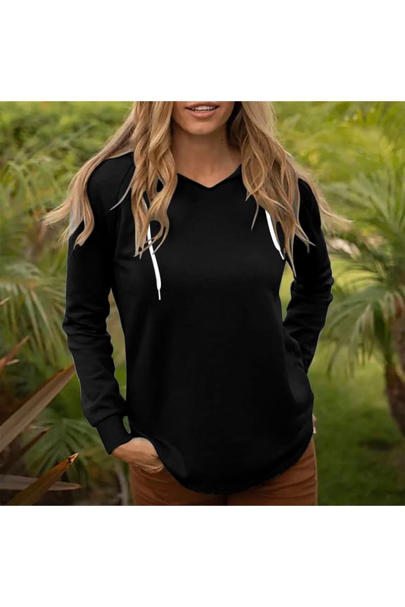 Comfy Women's Hoodies Black Fashion Clothing Basic Cute Tops for Women Trendy Hoodie Long Sleeve V-Neck Tops