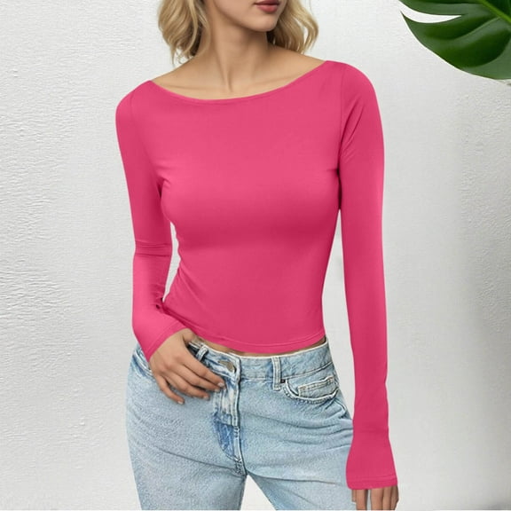 Blmnix Compression Womens Tops Summer 2026 Cotton Pullover T-shirts Pink Boat Neck Long Sleeve Womens Petite Tops,S