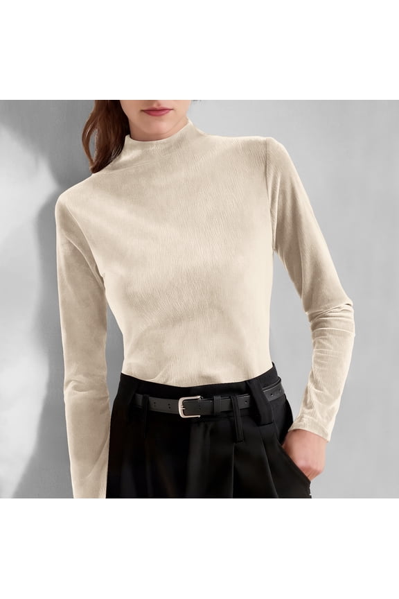 Compression Y2K Tops for Women Pullover velvet Tops Mock Neck Beige Long Sleeve Womens Blouses for Work Professional,L