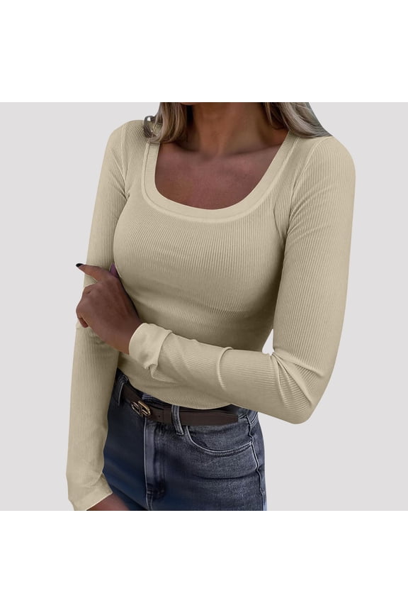 Corset Boho Blouses for Women Knitted Compression Clothing Long Sleeve Square Neckline Beige Womens Petite Tops,L