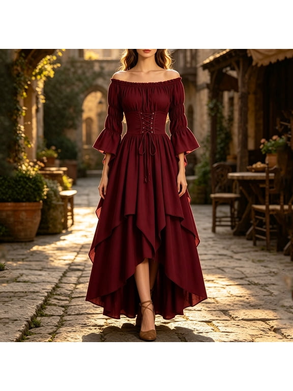 Corset Dress Womens Dress Vintage Dress High-Low Off The Shoulder Under Dresses Boat Neck Red Maxi 3/4 Sleeve Adjustable Waist Sunmer Dresses for Women 2026 L