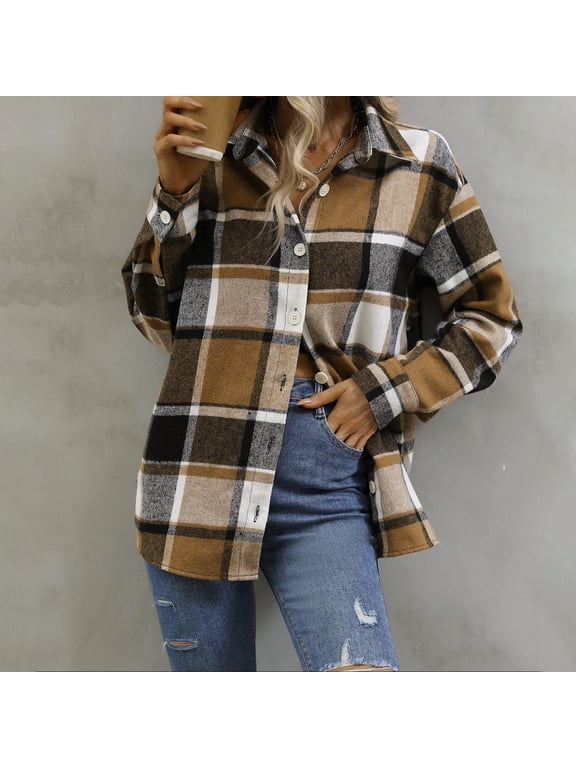 Cottagecore Button Up Shirt Women Plaid Brown Shirts for Women V-Neck Long Sleeve Tees
