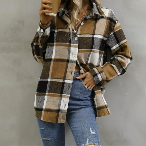 Blmnix Cottagecore Womens Button Up Shirts Brown Plaid Womens Tops Trendy Long Sleeve V-Neck Blouses