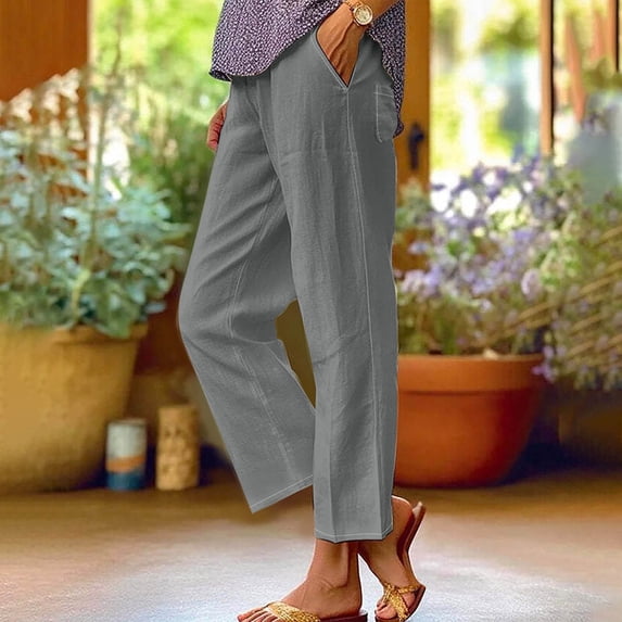 Blmnix Cotton Linen Pants Women Beach Pants Palazzo Jeans Straight-Leg High Waisted Gray Loose Cropped Lightweight Pants Women,XXL