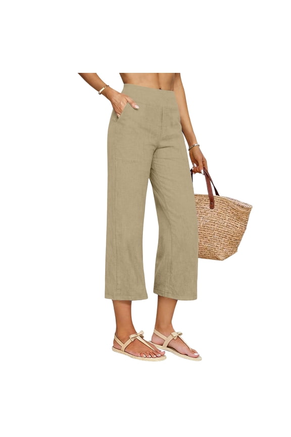 Cotton Linen Pants Women Palazzo Beach Pants Pant Straight Leg High Waisted Baggy Yellow 7/8th Plus Size Pants for Women,M