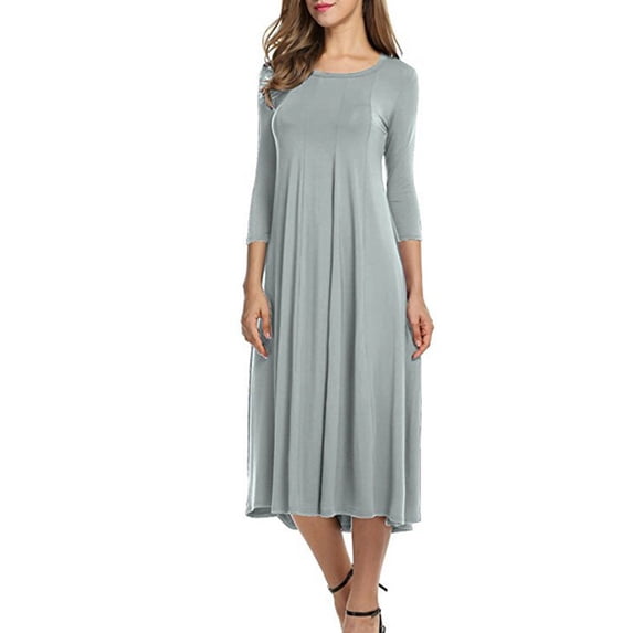 Blmnix Cotton Linen Valentine Party Dresses for Women Tent Pleated Under Dresses Cocktail-Length Crew Neck 3/4 Sleeve Gray Skirt for Women,L
