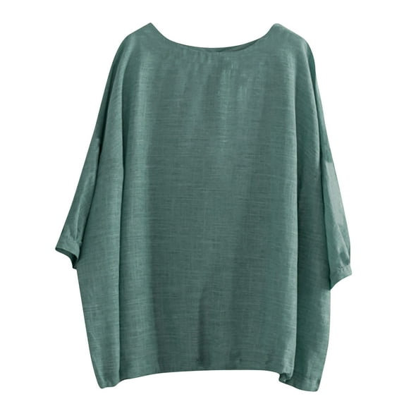 Blmnix Cotton,Linen Womens Graphic Tops Basics Novelty Solid Color Trendy Tops Crew Neck Green 3/4 Sleeve Tops